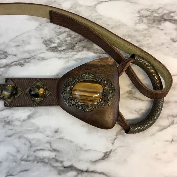 Vtg Beautiful Metallic Wooden Tigers Eye Hook Belt main image 5